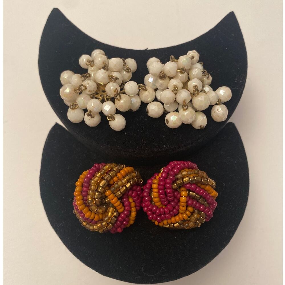 Vintage MADE IN WESTERN GERMANY Clip on Earrings Beaded White Beads Dangle Pairs
